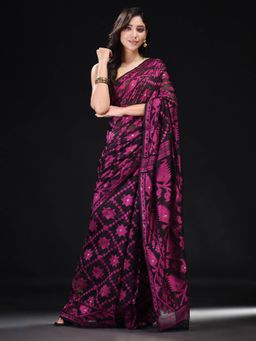 Beatitude - Black Cotton Silk Woven Jacquard Jamdani Saree with Unstitched Blouse