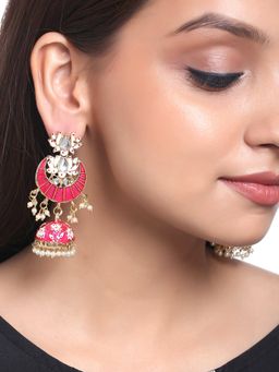 Yellow Chimes - Gold Plated Pink Meenakari Studded Lotus Chandbali Jhumka Earrings