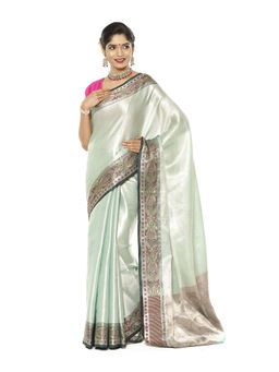 Banarasi Silk Works - Blue Kanchi Silk Zari Jamawar Border Saree with Unstitched Blouse