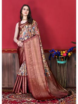 Yavira Silk - Multi-Color Banarasi Handloom Kalamkari Print Saree with Unstitched Blouse