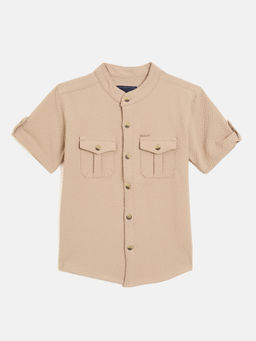Blue Giraffe - Boys Beige Textured Mandarin Short Sleeve Shirt