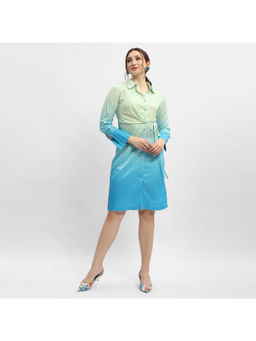 Madame - Ombre Effect Green & Sky Blue Tie-Waist Shirt Dress