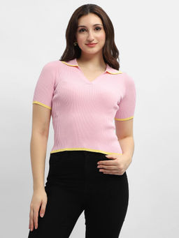 Madame - Polo Neck Pink Ribbed T-Shirt