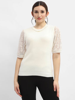 Madame - Lace Adorned White Embellished Neck Top
