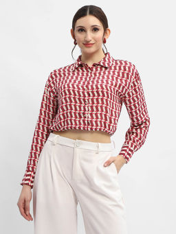 Madame - Geometric Print Maroon Crop Shirt