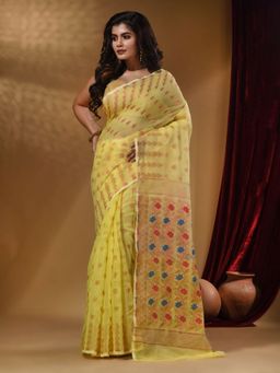 Arhi - Yellow Cotton Handwoven jamdhani Saree with Geometric Designs and Floral Patterns