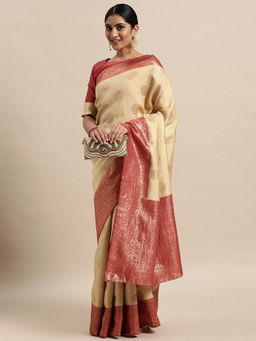 Sareemall - Womens Silk Blend Cream Woven Design Saree with Unstitched Blouse