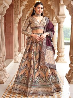 PURVAJA - Beige Kanjivaram Woven Design Stitched Lehenga and Unstitched Blouse with Dupatta (Set of 3)
