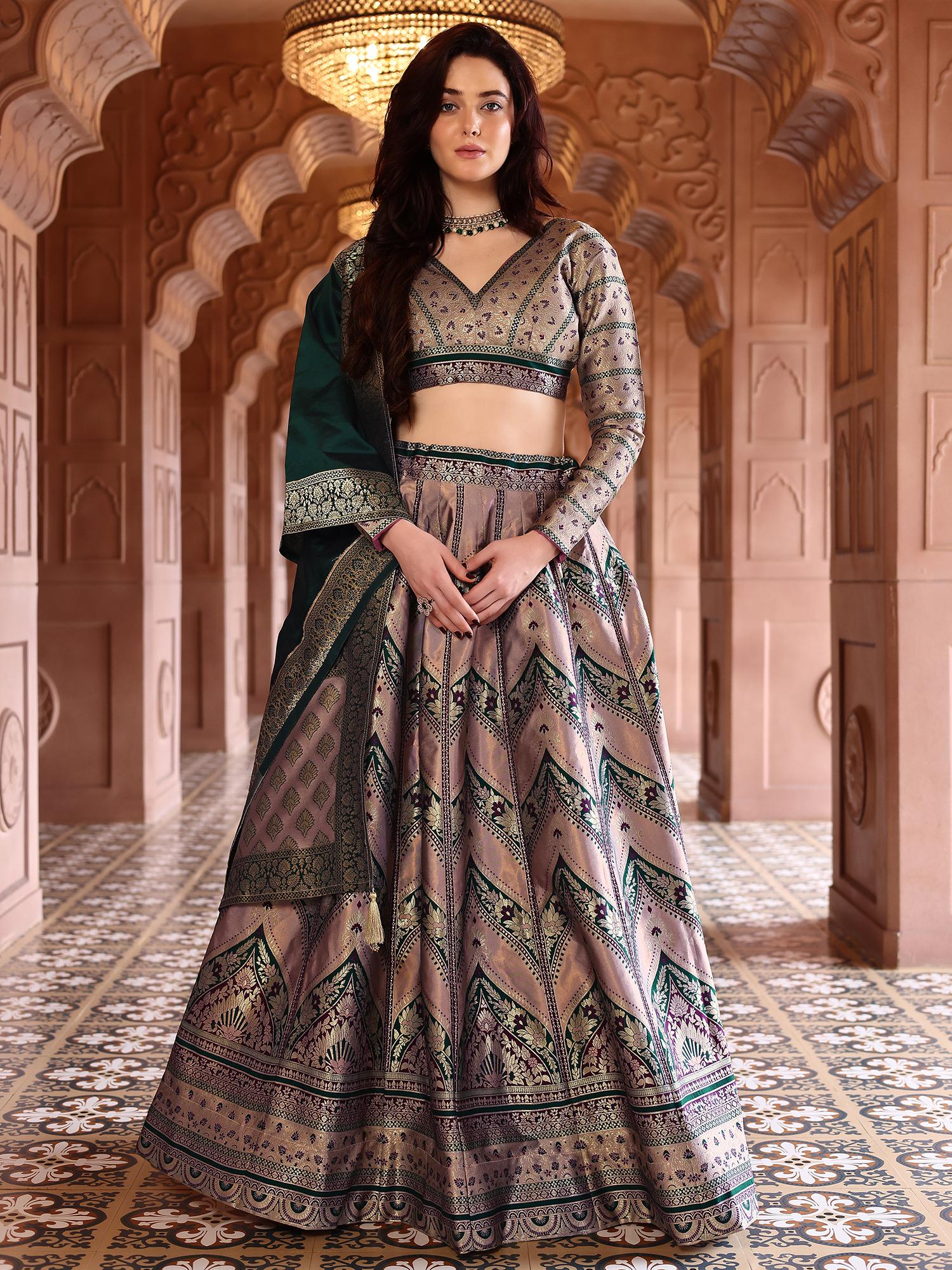 Pink Kanjivaram Woven Design Stitched Lehenga and Unstitched Blouse with Dupatta (Set of 3)-image-8