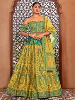 PURVAJA - Yellow Kanjivaram Woven Design Stitched Lehenga & Unstitched Blouse with Dupatta (Set of 3)