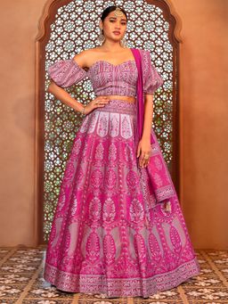 PURVAJA - Pink Kanjivaram Woven Design Stitched Lehenga and Unstitched Blouse with Dupatta (Set of 3)