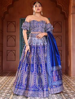 PURVAJA - Navy Blue Kanjivaram Woven Stitched Lehenga & Unstitched Blouse with Dupatta (Set of 3)