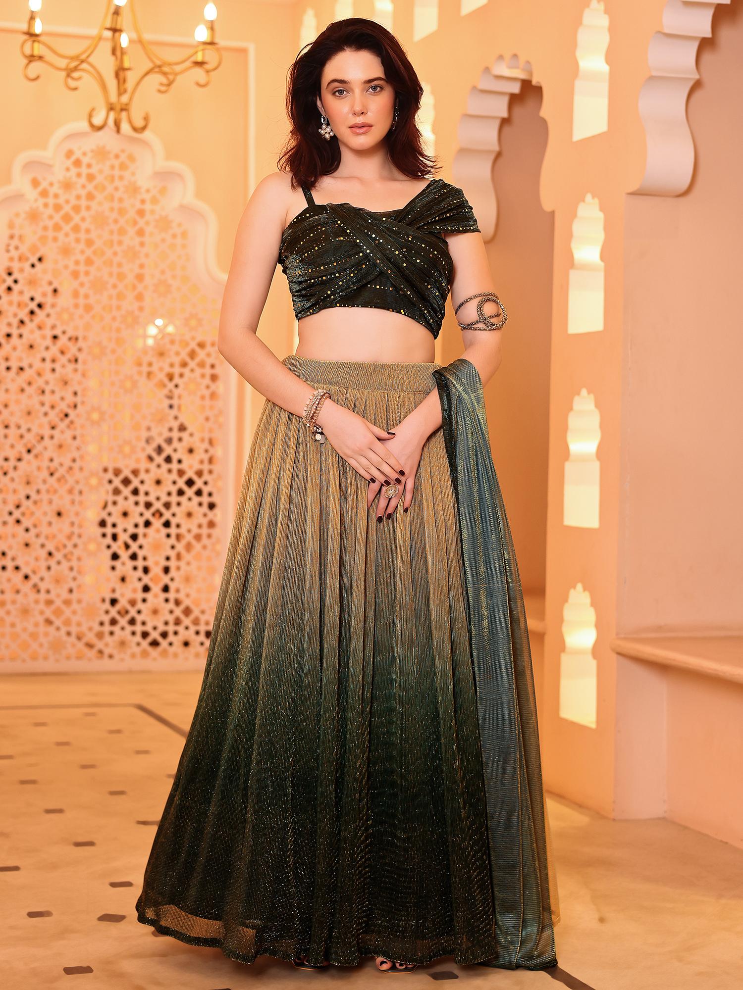 purvaja Green Lycra Stitched Lehenga and Unstitched Blouse with Lace Dupatta (Set of 3)-picture-11