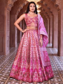 PURVAJA - Pink Kanjivaram Woven Design Stitched Lehenga and Unstitched Blouse with Dupatta (Set of 3)
