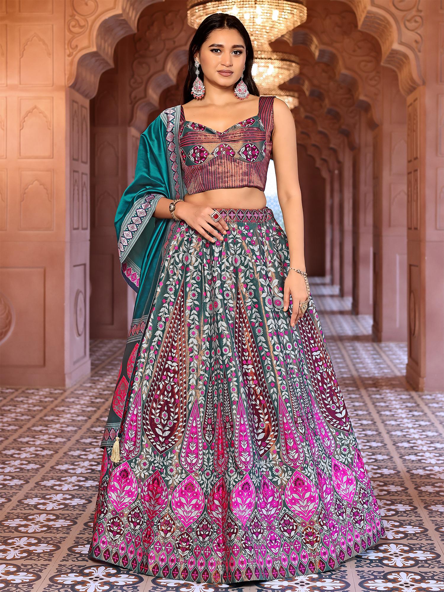 purvaja Teal Kanjivaram Woven Design Stitched Lehenga and Unstitched Blouse with Dupatta (Set of 3)-picture-10