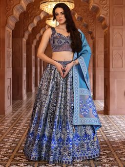 PURVAJA - Blue Kanjivaram Woven Design Stitched Lehenga and Unstitched Blouse with Dupatta (Set of 3)