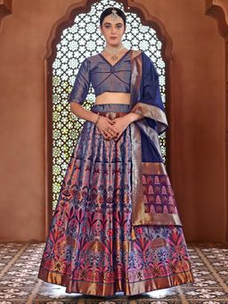 PURVAJA - Navy Blue Kanjivaram Woven Stitched Lehenga & Unstitched Blouse with Dupatta (Set of 3)