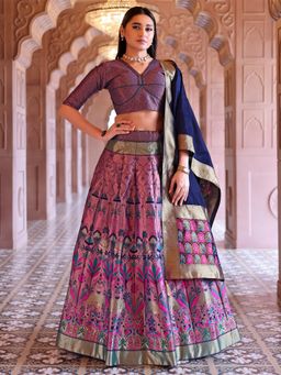 PURVAJA - Pink Kanjivaram Woven Design Stitched Lehenga and Unstitched Blouse with Dupatta (Set of 3)