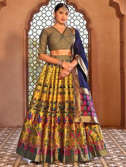 PURVAJA - Yellow Kanjivaram Woven Design Stitched Lehenga & Unstitched Blouse with Dupatta (Set of 3)