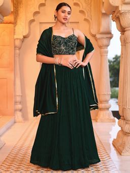 PURVAJA - Green Embroidery Stitched Lehenga and Unstitched Blouse with Lace Dupatta (Set of 3)