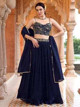 PURVAJA - Navy Blue Embroidery Stitched Lehenga and Unstitched Blouse with Lace Dupatta (Set of 3)