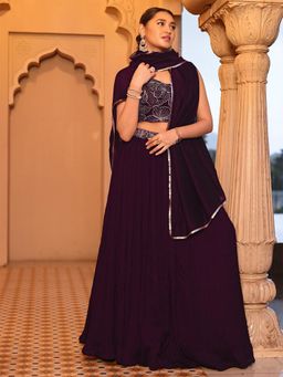 PURVAJA - Wine Embroidery Stitched Lehenga and Unstitched Blouse with Lace Dupatta (Set of 3)