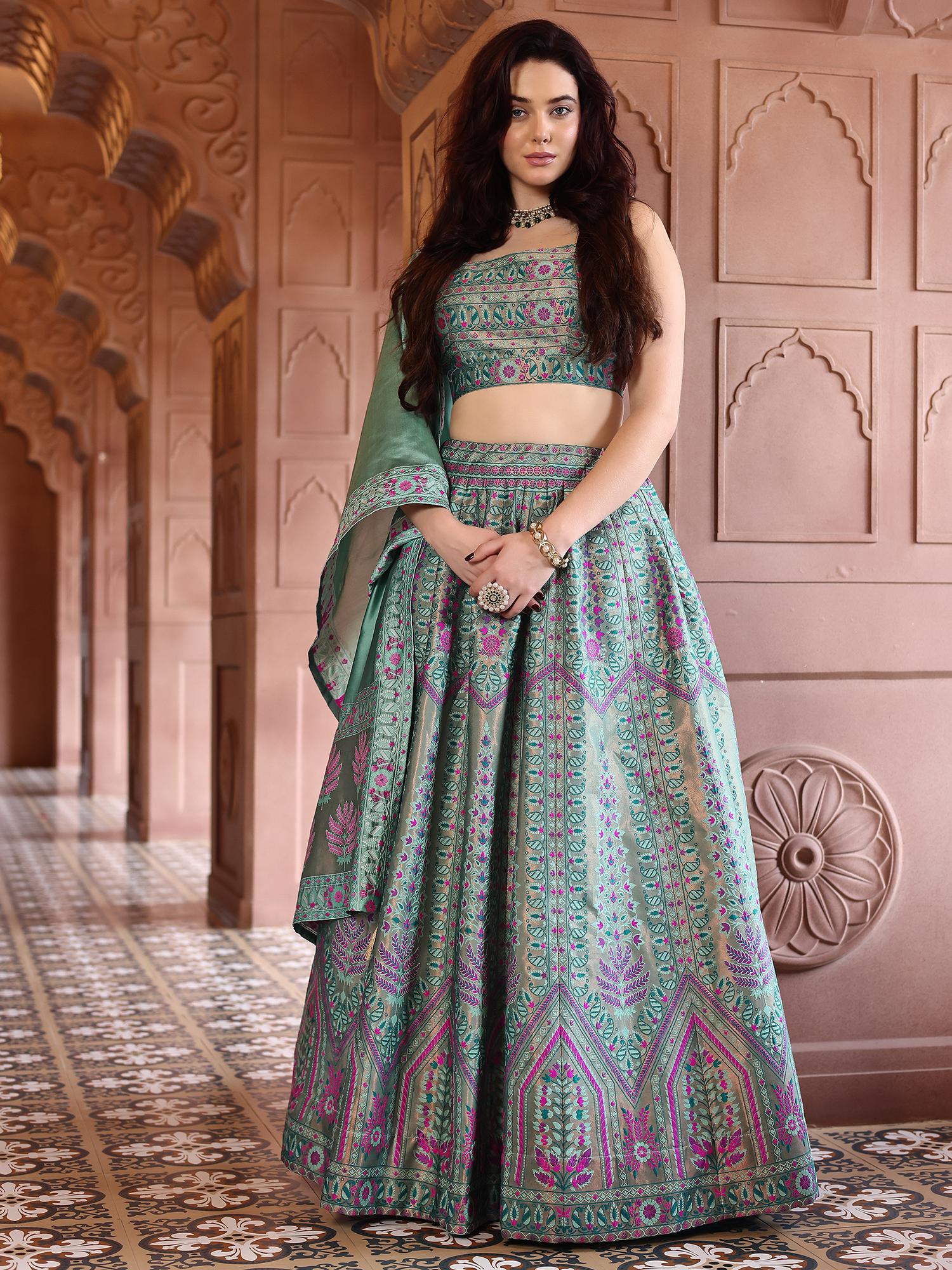 purvaja Multi-Color Kanjivaram Woven Stitched Lehenga and Unstitched Blouse with Dupatta (Set of 3)-picture-27