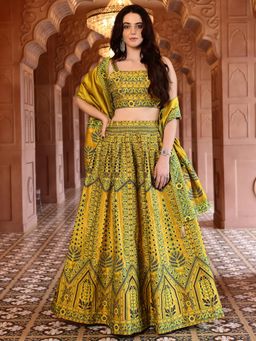 PURVAJA - Yellow Kanjivaram Woven Design Stitched Lehenga & Unstitched Blouse with Dupatta (Set of 3)