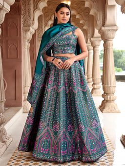 PURVAJA - Teal Kanjivaram Woven Design Stitched Lehenga and Unstitched Blouse with Dupatta (Set of 3)
