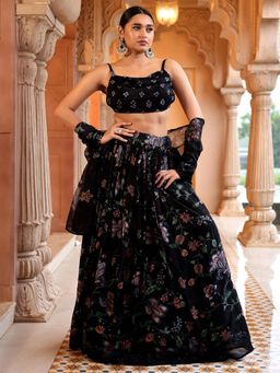 PURVAJA - Black Crochet Work Printed Stitched Lehenga and Unstitched Blouse with Dupatta (Set of 3)