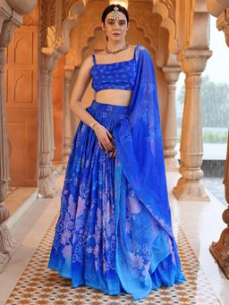 PURVAJA - Blue Crochet Work Printed Stitched Lehenga and Unstitched Blouse with Dupatta (Set of 3)