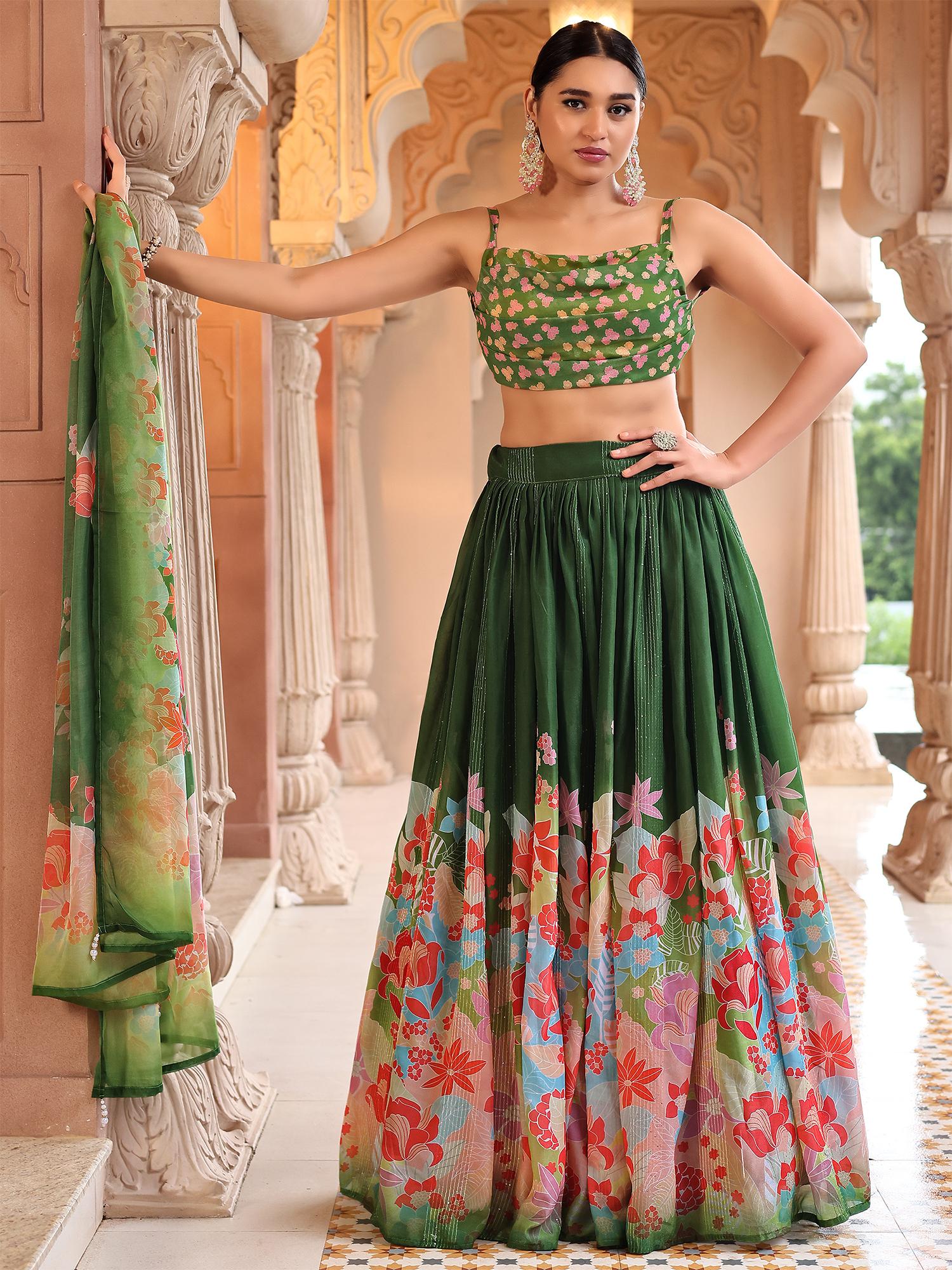 purvaja Green Crochet Work Printed Stitched Lehenga and Unstitched Blouse with Dupatta (Set of 3)-picture-22