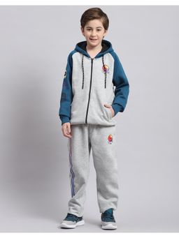 Monte Carlo - Boys Grey Melange Printed Hooded Full Sleeve Tracksuit