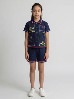 Monte Carlo - Girls Regular Fit Half Sleeve Embroidery Round Neck Co Ord Set