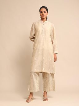 Ritu Kumar - Beige Jacquard Kurta with Inner and Pant (Set of 3)