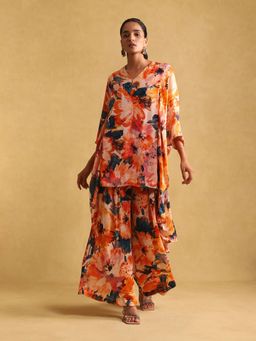 Ritu Kumar - Orange Floral Print Kurta with Palazzo (Set of 2)