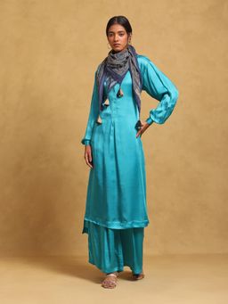 Ritu Kumar - Blue Collar Neck Full Sleeves Kurta with Palazzo and Scarf (Set of 3)