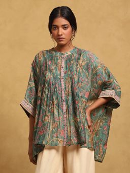 Ritu Kumar - Green Botanical Print Chanderi Kurti with Camisole (Set of 2)