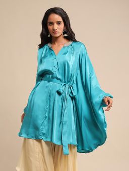 Ritu Kumar - Blue Solid Satin Kurti with Belt (Set of 2)