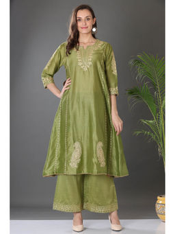 Kaanchie Nanggia - Green Embroidered Cotton Silk Kurta Palazzo (Set of 2)