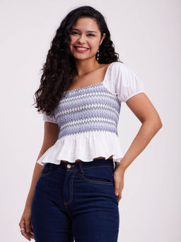 FableStreet - Smocked Puff Sleeves Top - White