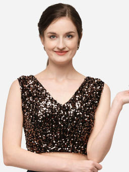 Amrutam Fab - Womens Sequences Brown Velvet Stiched Blouse With V Neck