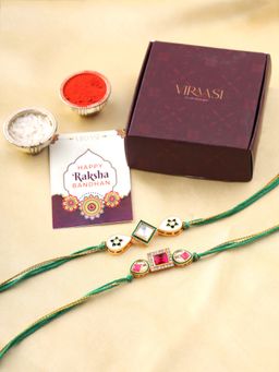 VIRAASI - Set Of 2 Green & Gold-Toned Kundan Rakhi For Brother With Roli Chawal
