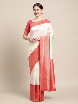 Akhilam - Women Silk Blend Off White Designer Saree with Unstitched Blouse