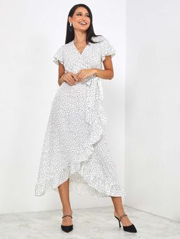 Styli - White Frill Sleeve Polka Dot Print Wrap Midi Dress