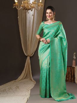 Akhilam - Womens Georgette Sea Green Woven Design Saree with Unstitched Blouse