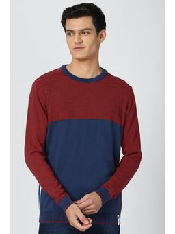 Peter England - Men Maroon Colorblock Crew Neck Sweater