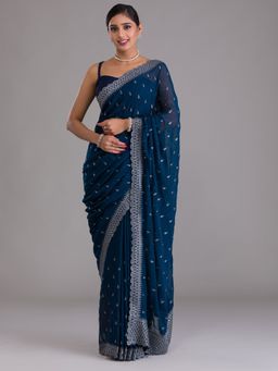 Koskii - Peacock Teal Stonework Georgette Saree With Unstitched Blouse