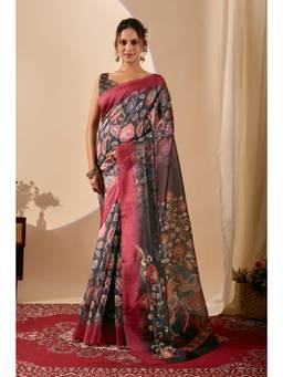 RACHNA - Black Floral Printed Cotton Silk Ready To Wear Saree