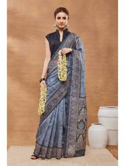 RACHNA - Grey Silk Blend Floral Printed Ready To Wear Saree